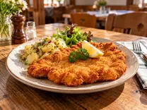 KI-generiertes Bild: Wiener Schnitzel mit Petersilienkartoffel